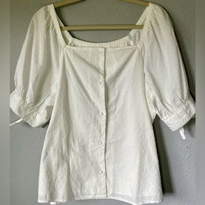 NWT Lauren Conrad Size XL Puff Sleeve Bow Accent Button-Up Top Square Neck WHITE